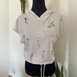Lush Light Cream Hooded Short Sleeve Pullover with Black Splatter- cropped